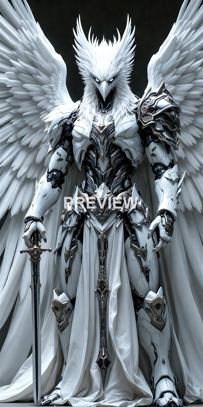 A highly detailed and stylized humanoid figure with the head of an eagle, adorned in silver and black armor with large white feathered wings extending from its back, holding a sword in its right hand, and dressed in flowing white fabric.